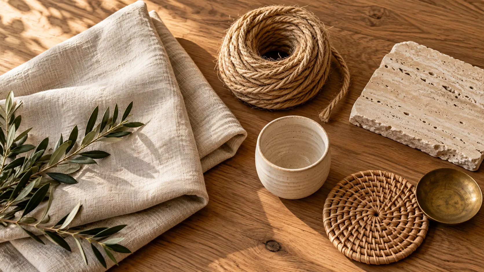 Close-up of wood, linen, jute, stone and ceramic textures side by side