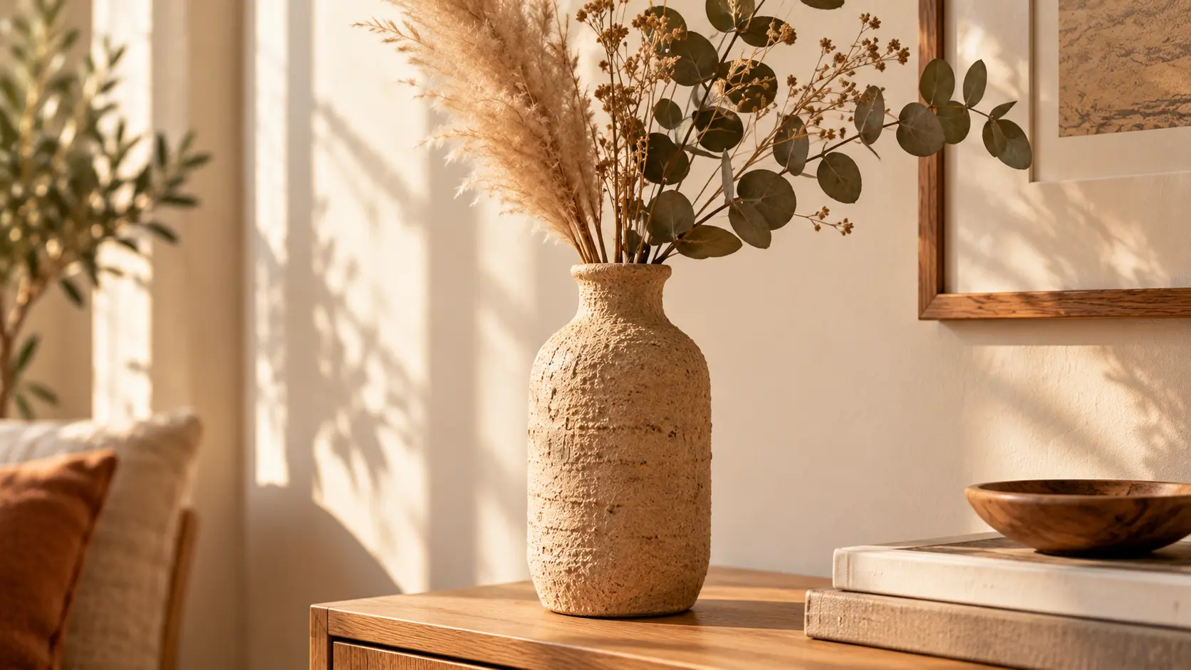 Glass jar painted with a textured stone-effect finish, holding dried stems