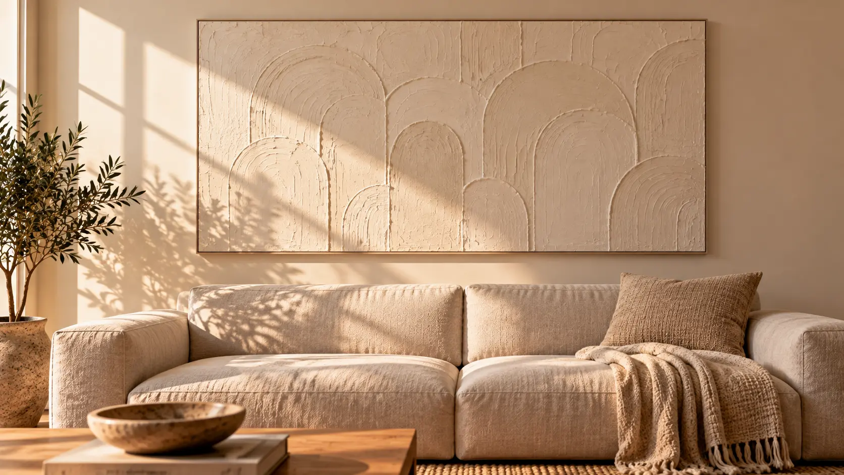 Textured warm white canvas wall art hanging above a sofa