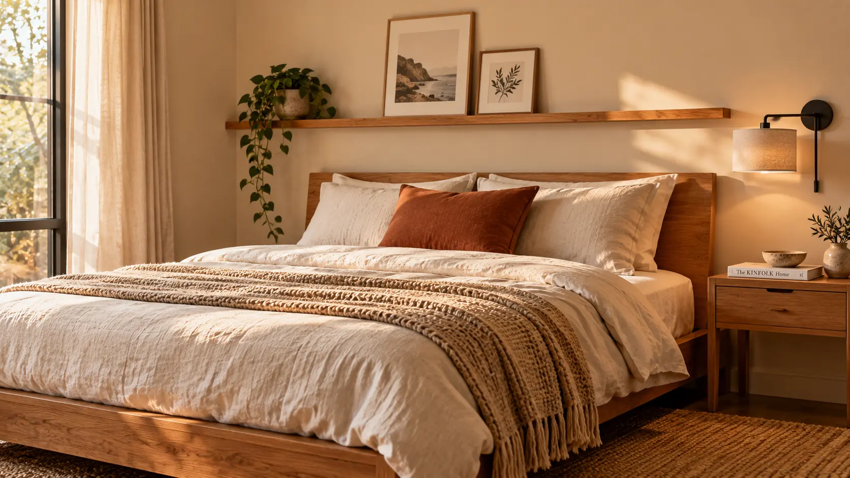 Bed with neutral linen bedding, a folded throw and a wall-mounted reading light