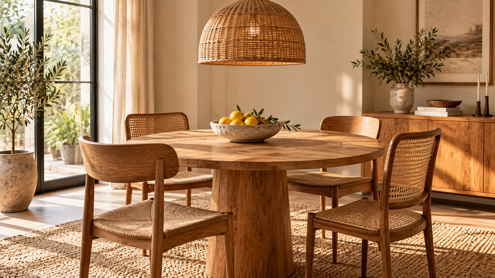 Round wooden dining table under a rattan pendant with a bowl of lemons