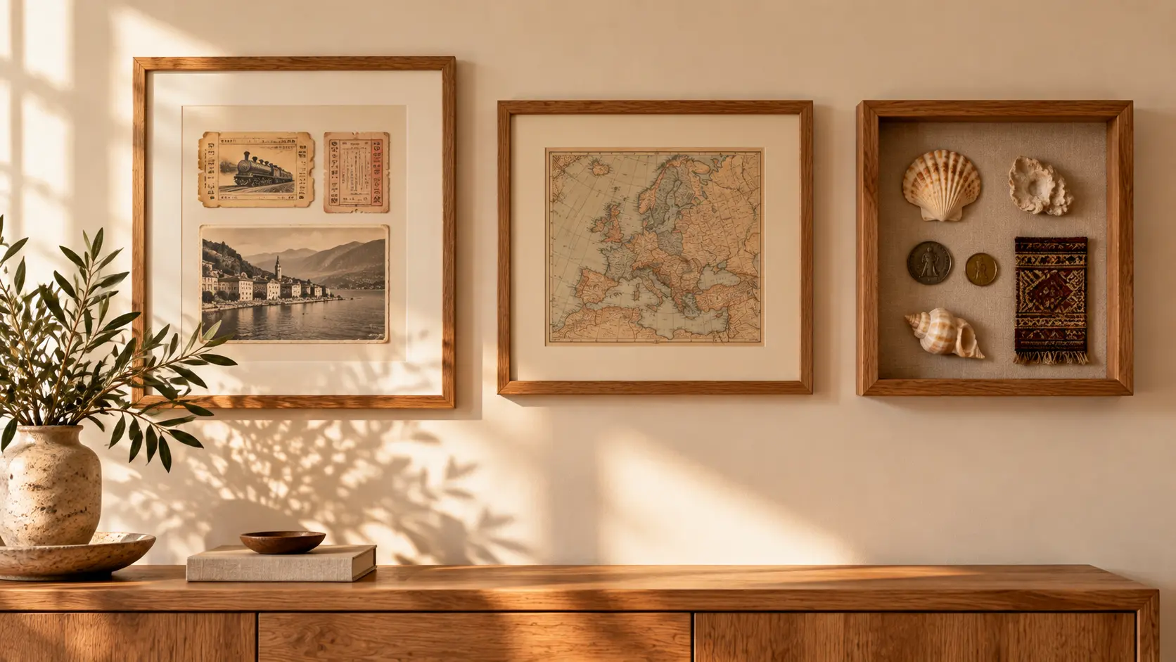Framed travel tickets and a map beside a shadow box holding shells and coins