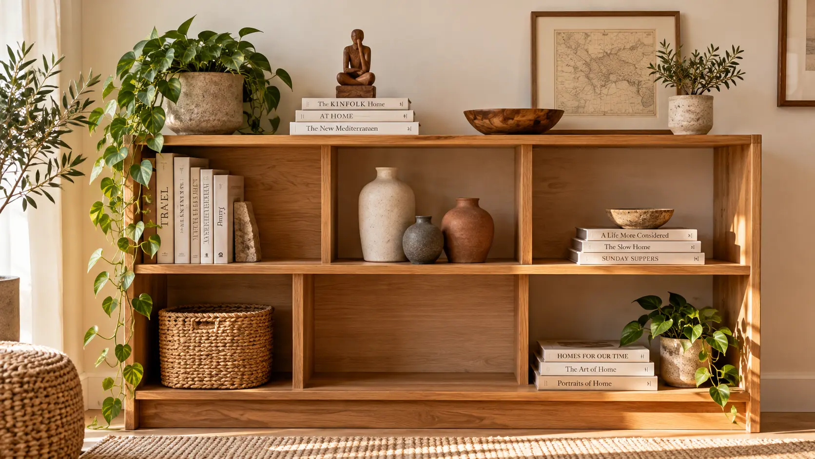 Bookshelf styled with stacked books, ceramic vases and empty space between groups