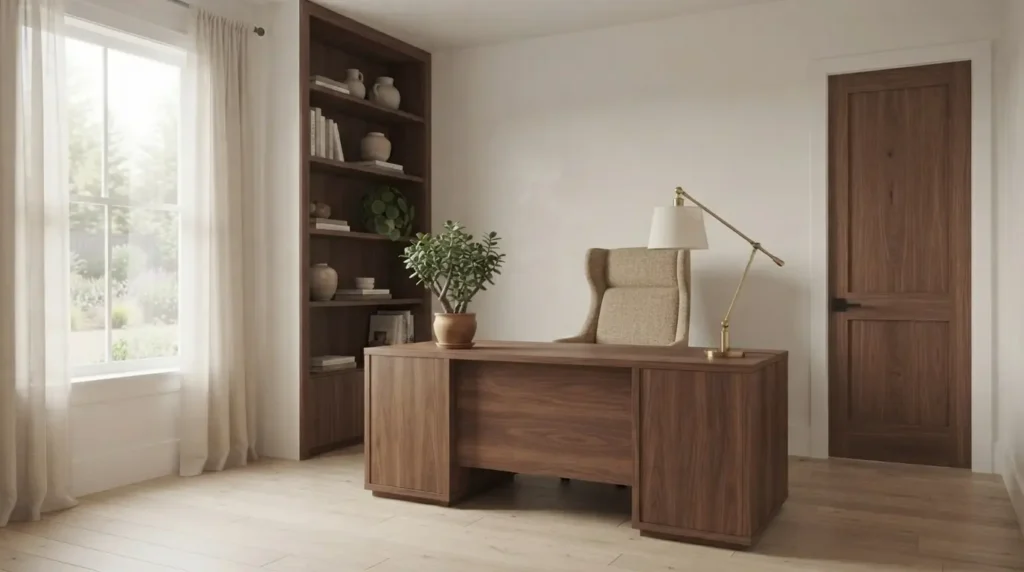 Feng shui home office with desk in commanding position, jade plant, and brass lamp