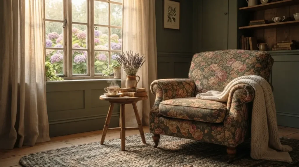 cottage living room with chintz floral armchairs