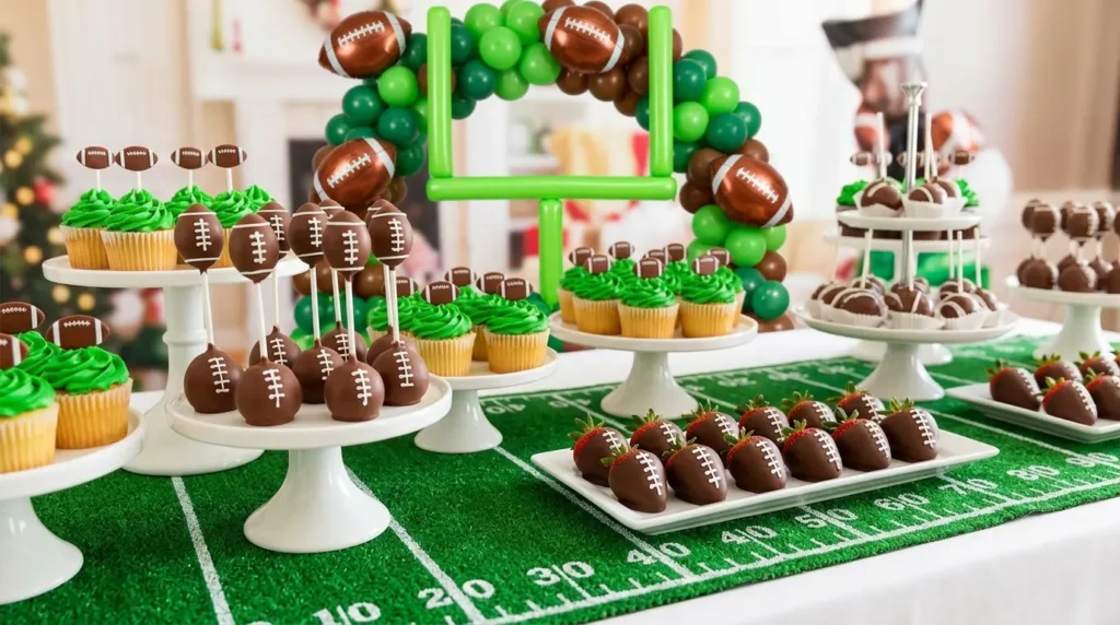 Football dessert table decoration with turf runner and themed cake pops