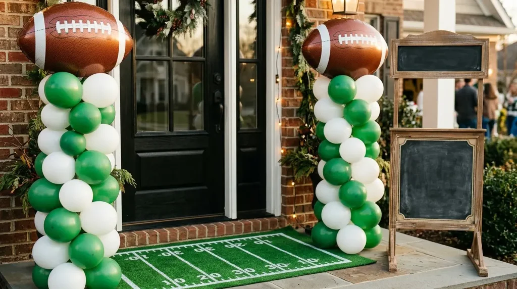 Football themed party entrance with balloon columns and turf doormat