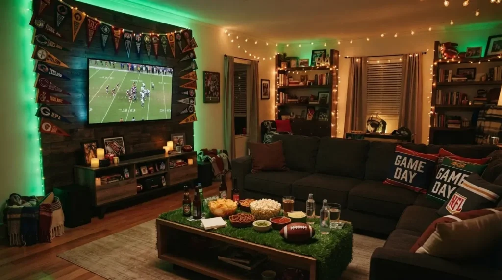 Game day watch party decorations with pennant garlands and stadium lighting