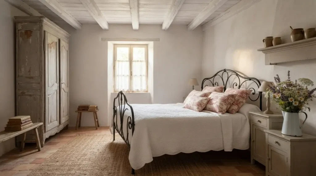 French country cottage bedroom decorating ideas with wrought iron bed