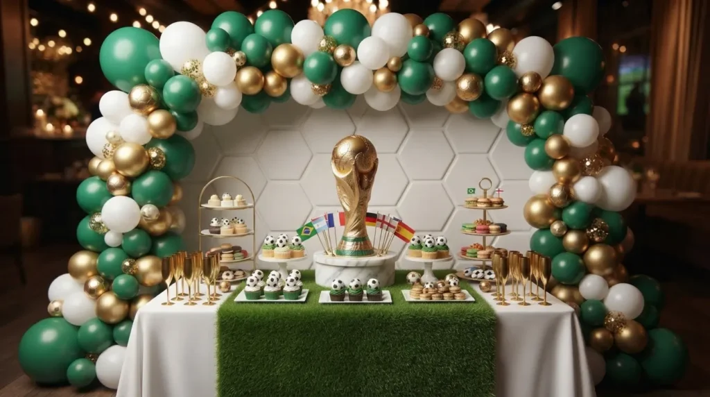 Football balloon arch with FIFA backdrop and a styled dessert