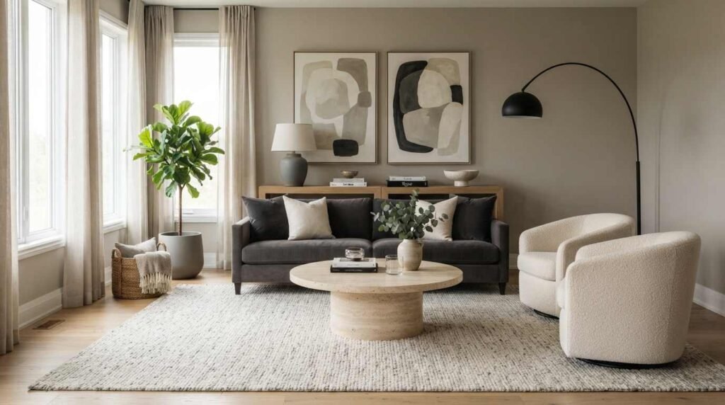 residential living room with balanced furniture