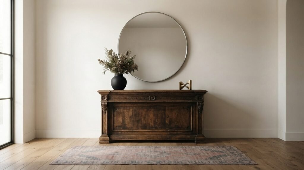Antique carved oak console styled with modern ceramic vase