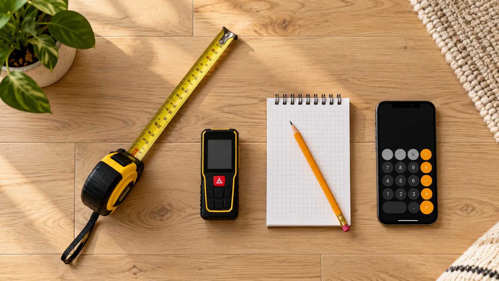 Tape measure, laser distance measurer, notepad, and calculator for measuring a room