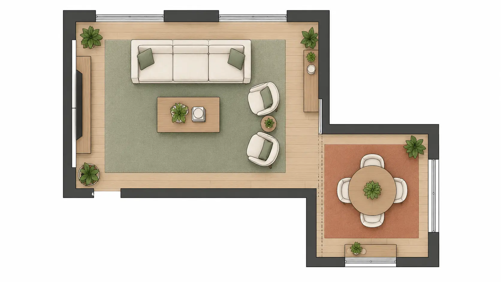 L-shaped room floor plan divided into two sections to calculate total square footage