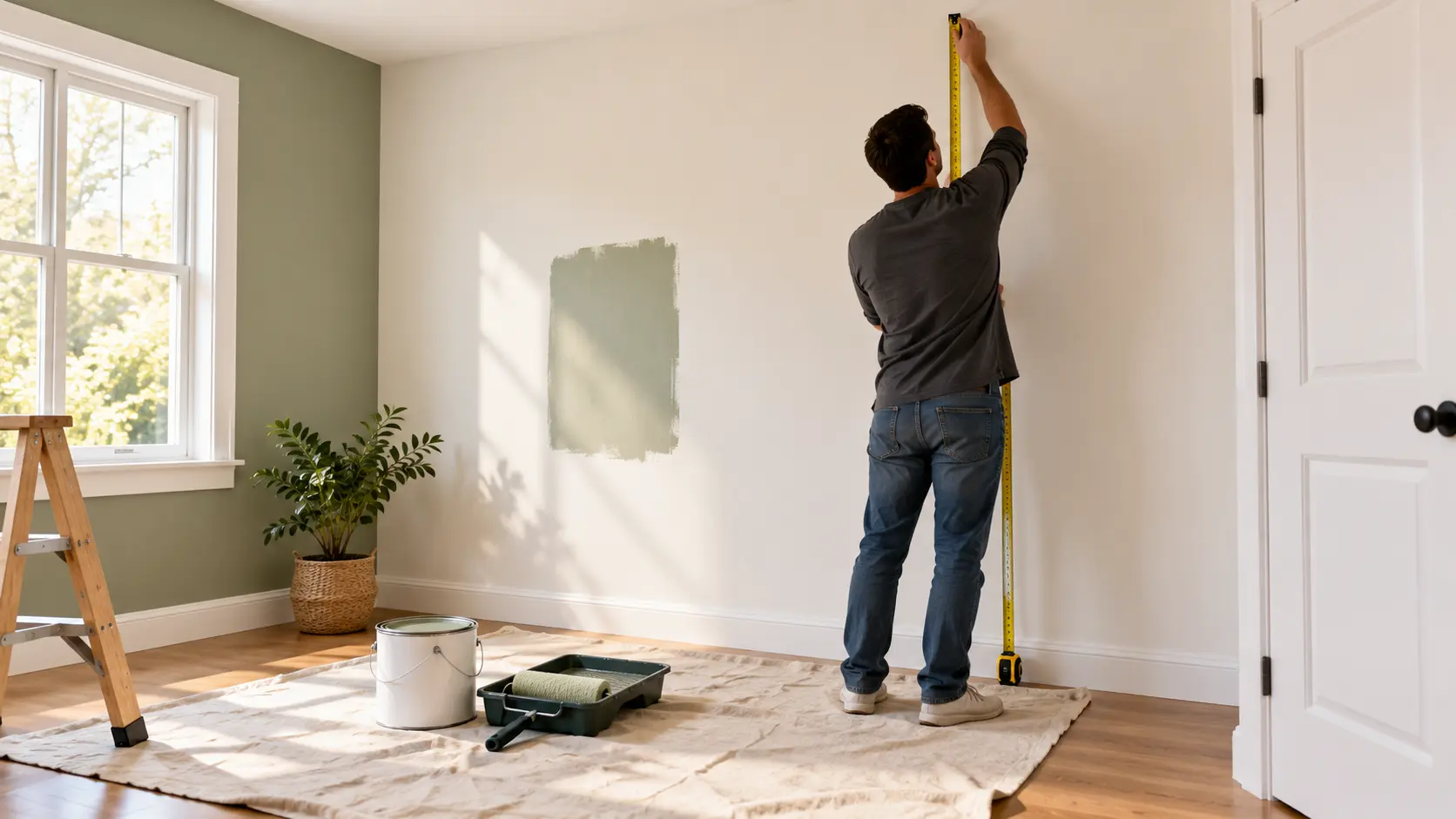 Measuring wall height with a tape measure before painting a room