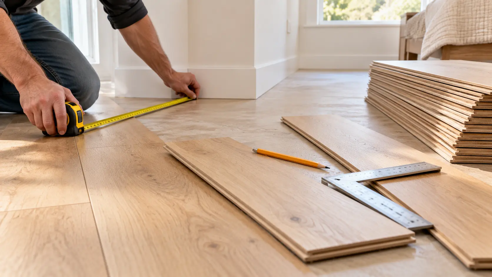 Measuring a bedroom floor beside a stack of laminate flooring planks