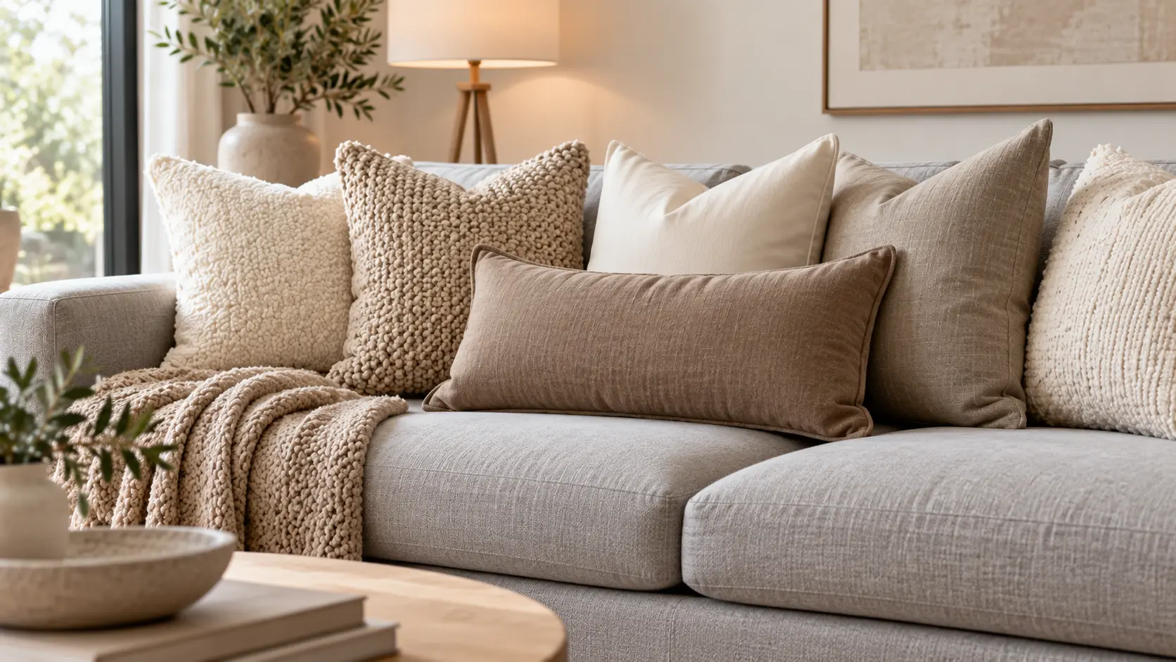 Neutral throw pillows in cream, beige and taupe layered on a light sofa
