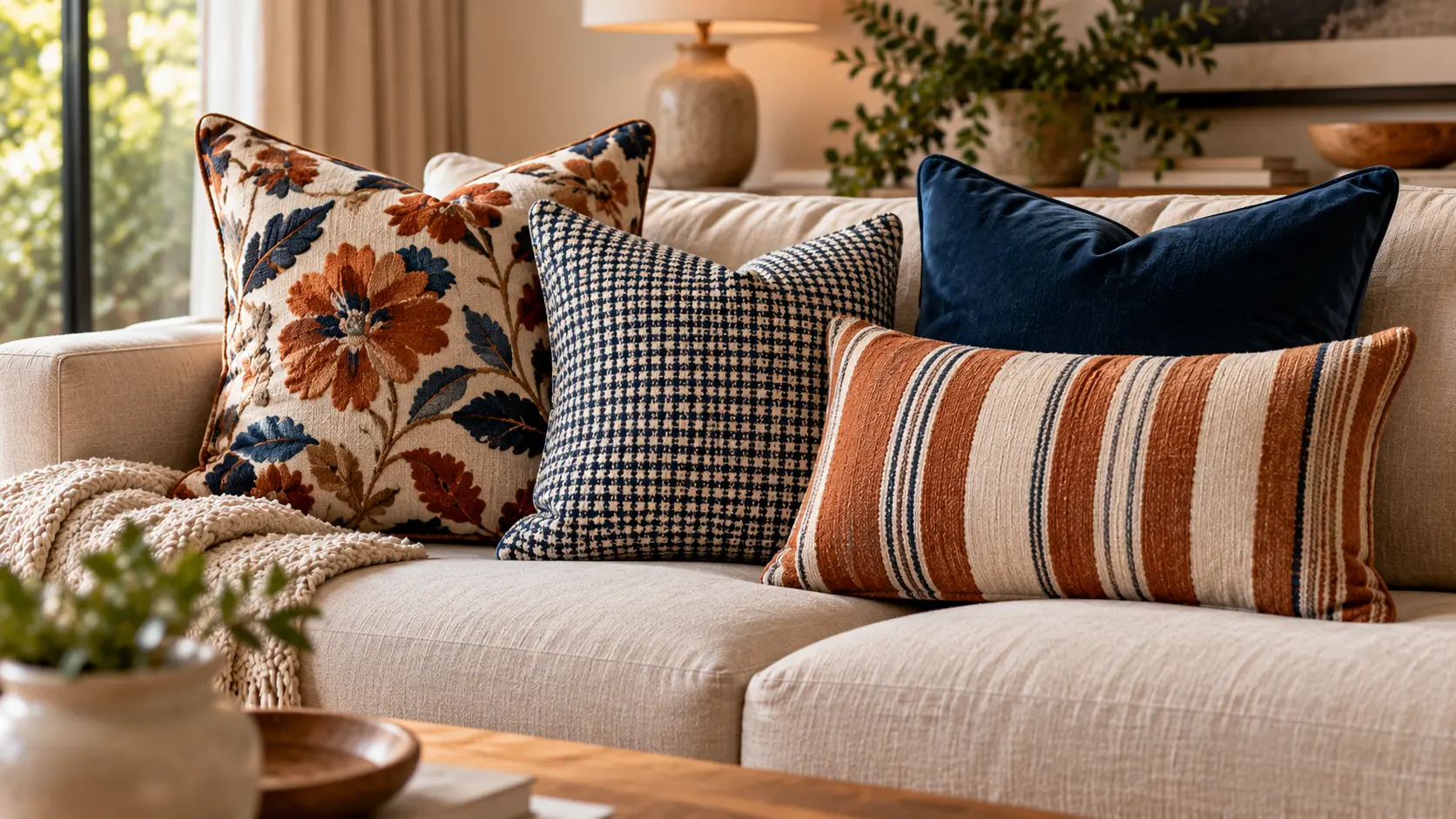 Rust and navy patterned throw pillows mixed at different scales on a sofa