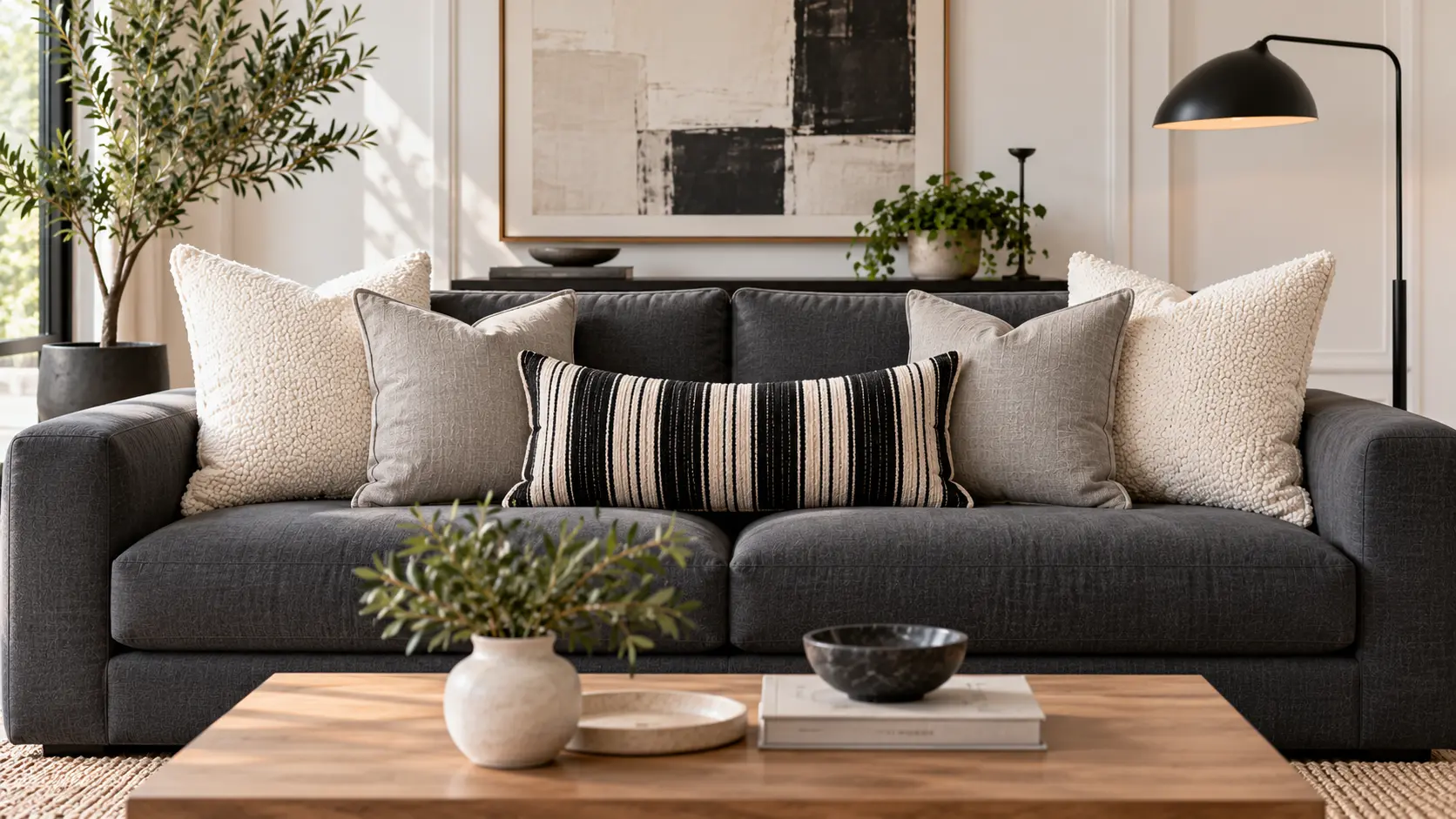 Layered cream, beige and taupe throw pillows arranged on a charcoal sofa in a modern living room