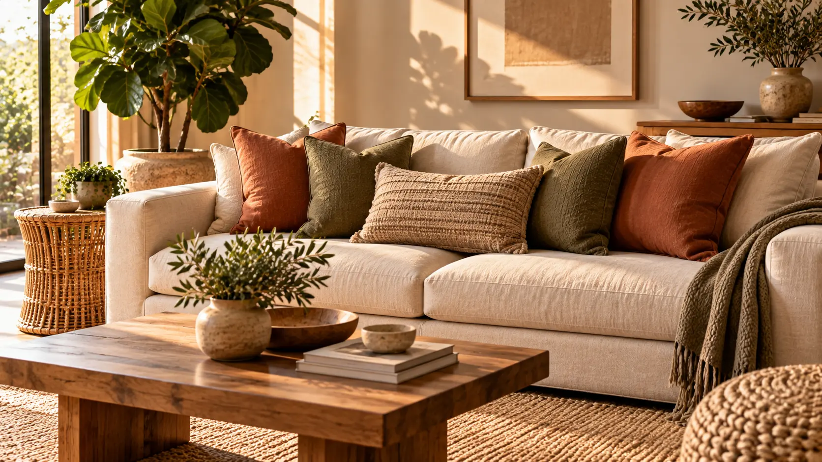 Terracotta and olive green throw pillows on a cream couch in a sunlit boho living room