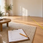 Tape measure extended across a living room floor next to a clipboard with a room sketch