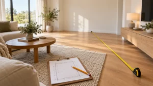 Tape measure extended across a living room floor next to a clipboard with a room sketch