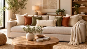 Living room couch styled with layered throw pillow combinations