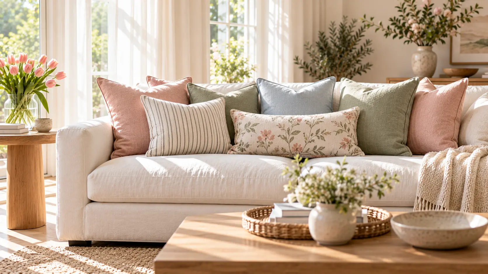 Soft pastel throw pillows on a light sofa in an airy living room