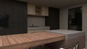 Kitchen with dark cabinets balanced by warm wood and sleek surfaces