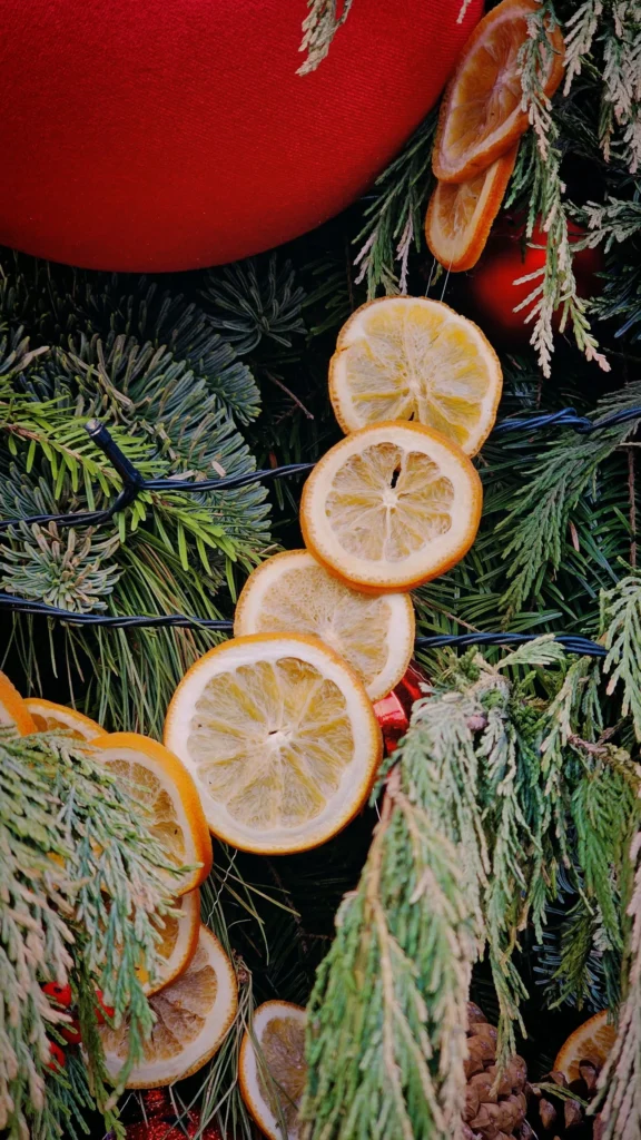 Dried orange slices threaded through a pine garland with a string of lights