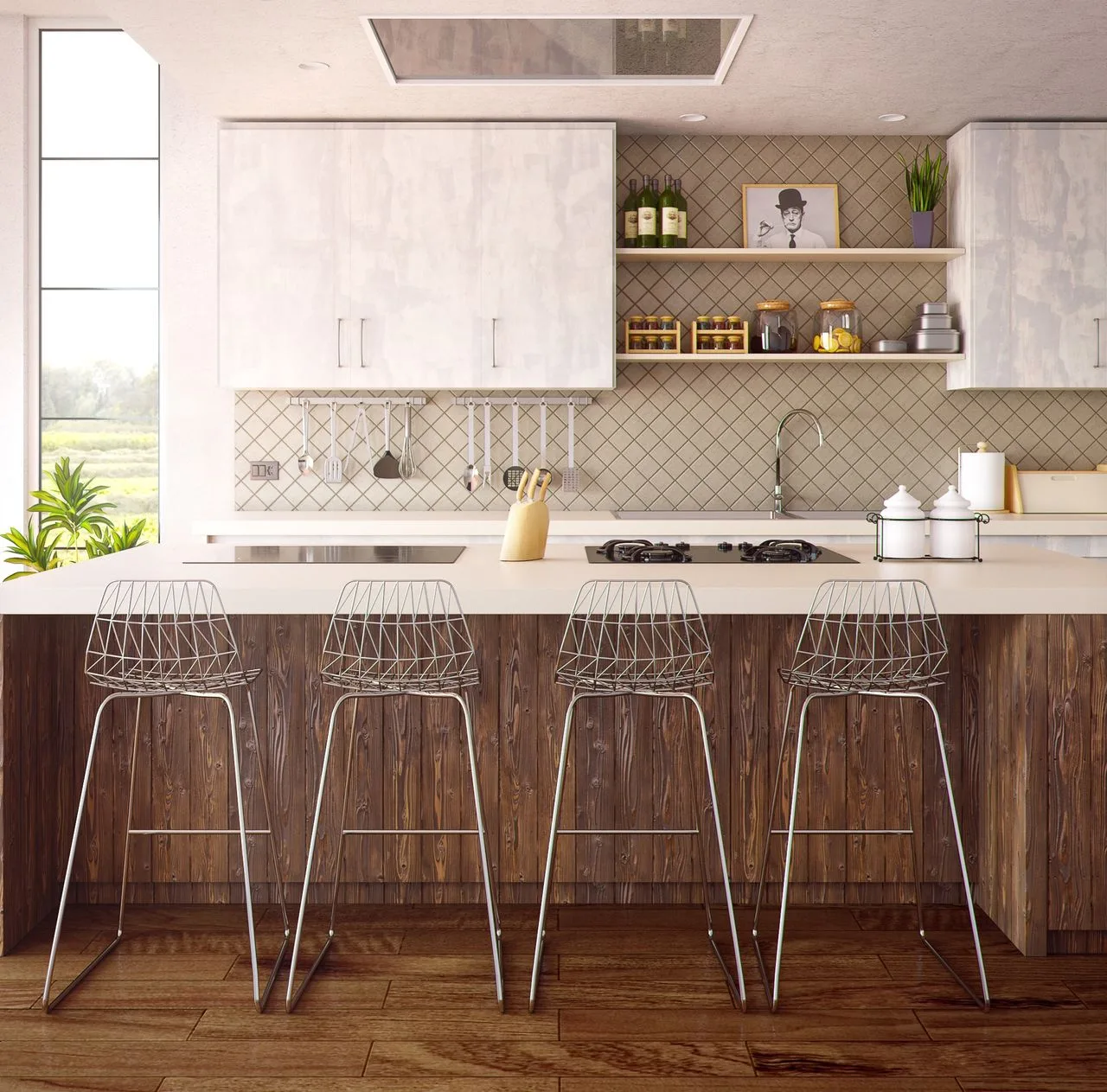 Minimalist kitchen island with wooden accents and simple bar stools